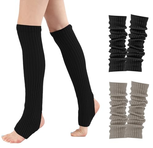 Risipu 2 Pairs Women's Over-the-Knee Stirrup Leg Warmers Knit Winter Leg Warmers for Women and Girls,Footed Ankle Warmers,Long Stretchy Dance Boot Covers (2, Black+Light Gray, One Size)