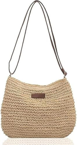 Yunzhou1230 Straw Bag for Women, Summer Straws Beach Bag with Zip & Adjustable Strap, Bohemian Weave Holiday Handbag, Straw Crossbody Bag for Travel, Crochet Handbags for Summer Holidays