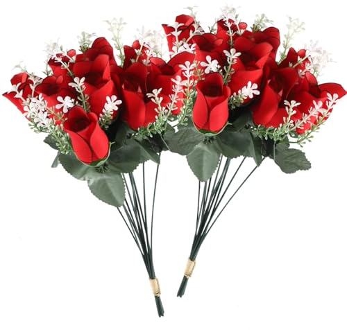 SWEWARM 2 flores artificiales de cementerio, flores conmemorativas de tumbas, ramos de rosas de seda roja realistas, flores para tumbas al aire libre, arreglos florales falsos para tumbas, jarrones