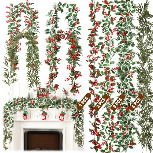 12 ghirlande natalizie artificiali da 1,7 m, 4 tipi di bacche di agrifoglio di Natale, ghirlande di foglie di agrifoglio, vegetazione invernale, bacche rosse innevate, rampicanti da appendere per