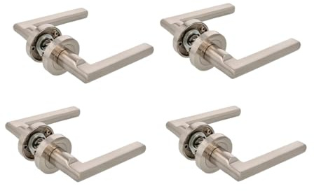 Amig - Pack de 4 Manillas con roseta Mod. MAI RX - Para puertas interiores - Cuadradillo 8 mm - Roseta de Ø52 mm de Zamak - Maneta de Aluminio - Acabado níquel cepillado
