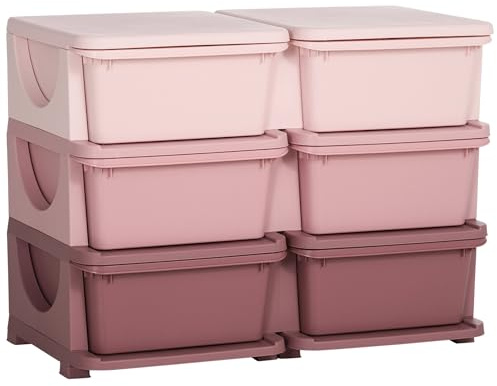 HOMCOM Torre de Almacenamiento Infantil con 6 Cajones, Organizador de Juguetes para Niños de +3 Años, con Bordes Redondeados y Asas, para Guardería, Sala de Juegos, Dormitorio, 75x37x56,5 cm, Rosa