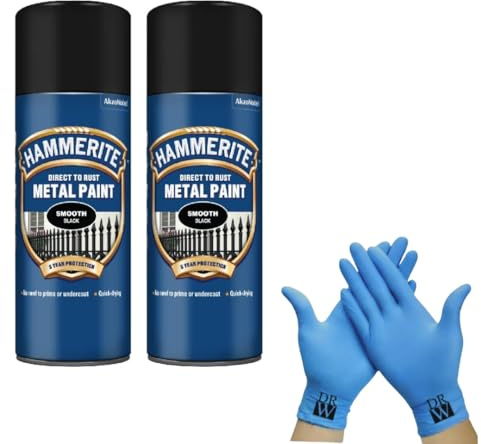 Hammerite Direct to Rust Metal Spray Paint Smooth Black 400ml Twin Pack + Free Nitrile Gloves | Fast-Drying Aerosol, Durable Rust Protection for Indoor & Outdoor Metal