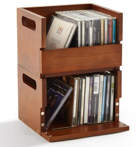 CroBlissful 2 Pack Small Wooden CD Storage Box, Desktop CD Organizer for Small Spaces, Holds up to 36 Cases Total, Compact Media Storage Shelf with Carrying Handle