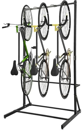 CHFUNE Cavalletto per bicicletta autoportante per 5 biciclette, Heavy Duty 150 kg, verticale con 5 ganci per bicicletta, portabici per interni ed esterni con ruote di bloccaggio