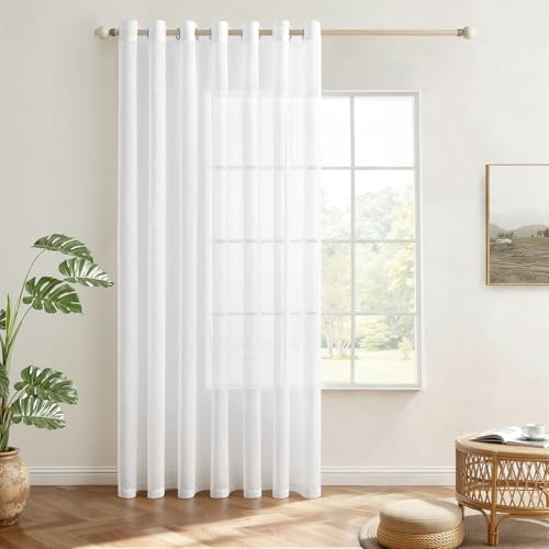 EMEMA Gardinen mit Ösen 1er Set 225cm Lang Weiß Vorhang Voile Vorhänge | Vorhang mit Ösen Transparente Polyester Ösenschal Transparent Wohnzimmer Luftig Dekoschal für Schlafzimmer B200 X H225cm
