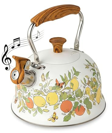 Stove Top Whistling Kettle, Stainless Steel Tea Kettle Teapot with Wood Grain Anti-Heat Handle for Kitchen Gas Hobs, Induction and Electric Hobs, 3L (Lemon)