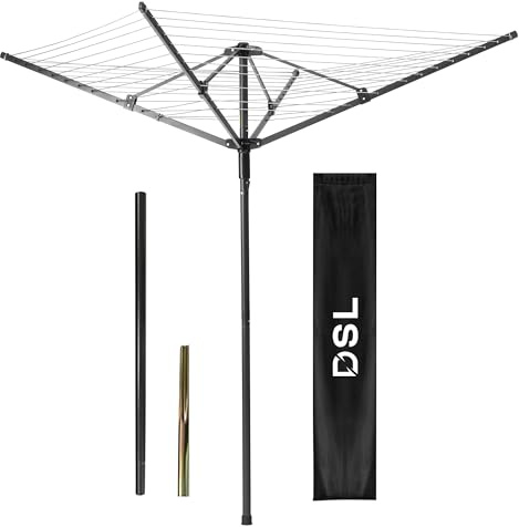 DSL - Stendibiancheria rotante, 45 m, resistente, con 4 bracci, pieghevole, salvaspazio e resistente alle intemperie, da giardino, con picchetto e copertura, colore: nero