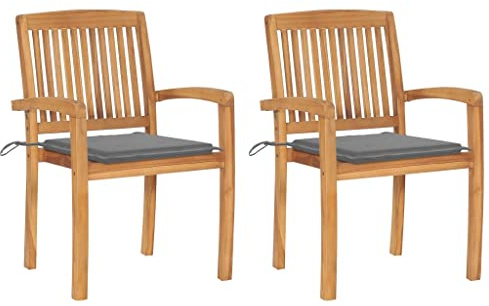 Emmtore 2X Teak Massiv Gartenstuhl mit Grauen Kissen Stapelbar Essstuhl Holzstuhl Stapelstuhl Gartensessel Gartenmöbel Stuhl Stühle Sessel Gartenstühle