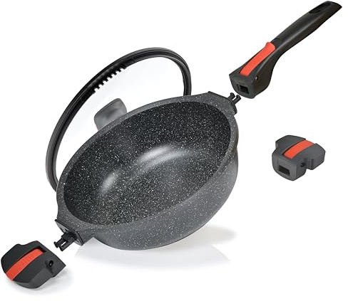 Linnuo Schmorpfanne Bratpfanne 24 cm hoher Rand, Aluguss Pfanne mit Deckel 24cm, abnehmbare Griffe, Antihaft beschichtete Pfanne Induktion, für alle Herden, backofengeeignet, Bratpfanne mit Deckel