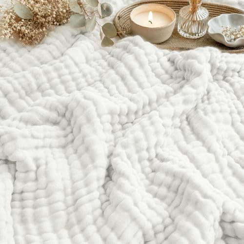 MeYuxg Musselin Decke 150 x 200cm, Muselindecke Erwachsene,100% Baumwolle Throw Blanket, Musselin Sommerdecke, Musselins Tagesdecke, Musselins Bettdecke für Bett & Sofa, Ganzjahresdecke (Weiß)