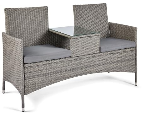 VonHaus Rattan Love Seat for Garden - Grey PE Wicker Outdoor Jack and Jill Seat for 2 People - Weatherproof Loveseat with Glass Tabletop for Patio & Terrace - Tete a Tete with Removable Cushions