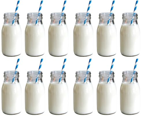 Chef-hub 12 X 200Ml Retro Mini Milk Bottles Vintage School Bottle - Weddings, Parties, Great Gift Idea - Fill with Milkshakes, Juice, Cocktails, Sweets