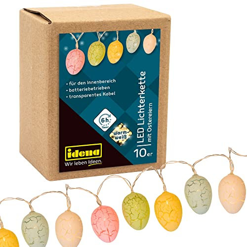 Idena 30132 - Guirlande lumineuse à 10 LEDs en blanc chaud, avec des oeufs aux couleurs pastel, fonctionnant sur piles, pour pâques, le printemps, la décoration et les bouquets de fleurs