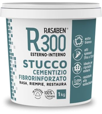 RASABEN - Stucco Cementizio Extra Bianco in Polvere R300 a Base di Cemento, per Ripristini da Esterno e Interno, Alti Spessori Fino a 10cm, Resistente alle Sollecitazioni, Made in Italy, Sacco da 1kg