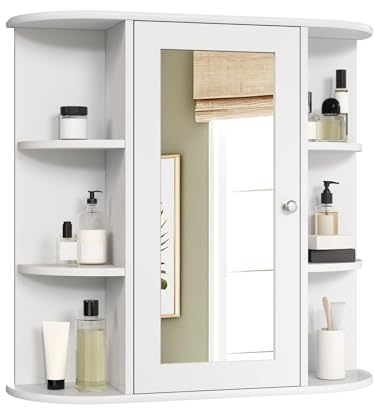 EUGAD Mobiletto Pensile da Bagno con Specchio Armadietto Bianco Lucido da Lavabo con 9 Ripiani 60x16x58cm