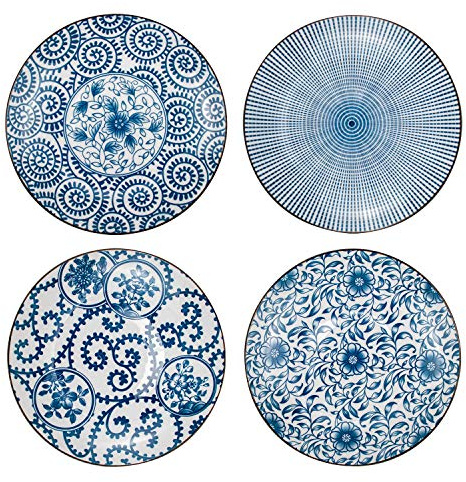 Foraineam Lot de 4 assiettes de service en porcelaine bleue et blanche Motif floral