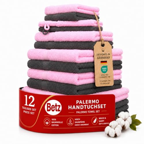 Betz 12-TLG. Handtuch-Set Palermo 100% Baumwolle 2 Liegetücher 4 Handtücher 2 Gästetücher 2 Seiftücher 2 Waschhandschuhe Farbe rosé und anthrazit