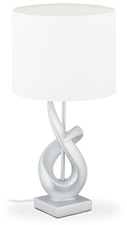 Relaxdays Lampada da Tavolo, Moderna, Design Elegante, Paralume in Stoffa, E27, Decorazione, 50 x 25 cm, Argento/bianco