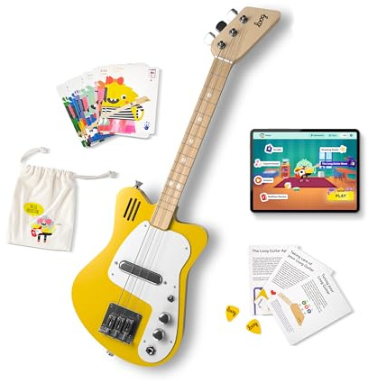 Loog Mini Electric kids Guitar for Beginners built-in Amp Ages 3+ Learning App and Lessons Included Yellow