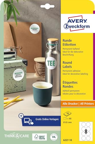 AVERY Zweckform 6227-10 Runde Etiketten (80 Klebepunkte, Ø65mm auf A4, runde Aufkleber zum Bedrucken, selbstklebende Produktetiketten, permanent haftende Marmeladenetiketten) 10 Blatt, weiß
