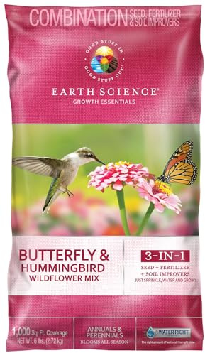 Earth Science Wildflower Butterfly & Hummingbird Mix—6 lb— 3-in-1 Premium Wildflower Seed, Plant Food and Soil Conditioners, Non-GMO for Bees, Hummingbirds, Butterflies, Pollinators