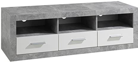 Möbel Jack Tv-Lowboard Fernsehregal Fernsehtisch | Betonoptik | Weiß Hochglanz | 147x49x45 cm