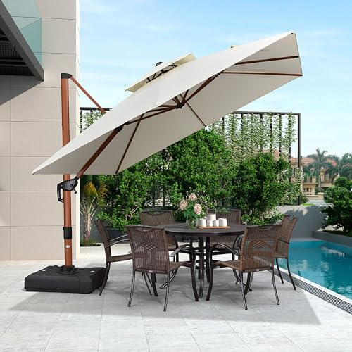 PURPLE LEAF Parasol De Jardin Extérieur, Parasol Déporté Inclinable 3 x 3 m, Grain de Bois en Aluminium, Toit à Double Rotatif 360°, Protection UV Automne, Convient aux Villas Haut de Gamme, Créma