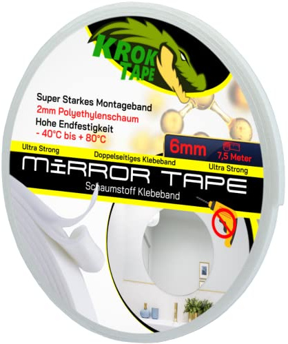 Magnet-Kauf KrokTape Spiegelklebeband Doppelseitig extra stark klebend Montageklebeband Schaumstoff Klebeband weiß (6mm x 2mm - 7,5m)