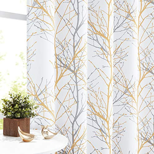 Fmfunctex Yellow Blackout Curtains for Bedroom 72 Drop Tree Branch Eyelet Curtains for Living Room Thermal Insulated Window Curtain Drapes for Dining Room 2 Panels