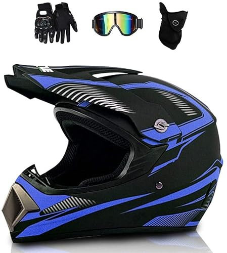 LVSENET Noir Mat et Bleu - Casque VTT Integral Homme avec Gants Lunettes Masque, Casque de Motocross Enfant Casque Moto Cross pour BMX Velo Quad Enduro ATV Scooter Femme Homme Adulte (A,L)