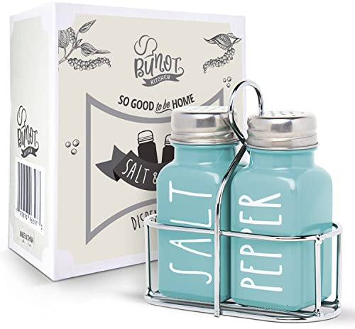 Set di saliera e pepe turchese, un simpatico shaker in vetro di alta qualità con supporto e coperchi in acciaio inossidabile, perfetto per aggiungere un fascino moderno all'arredamento della cucina