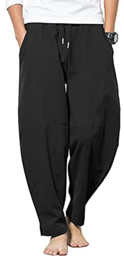 YAOBAOLE Men Linen Trousers Casual Yoga Pant Drawstring Waist Trousers Black 2XL