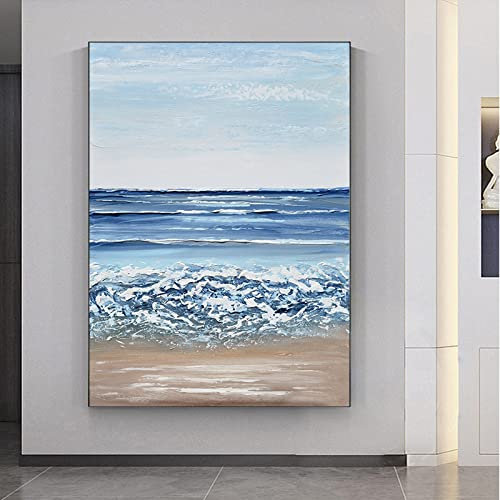 LCDIUDIU Ölbilder Auf Leinwand Handgemalt, Blauer Himmel Meer Streifen Wellen Strand Landschaft Moderne Kunstwerke Rahmenlose Handgemalte Ölgemälde Auf Leinwand Wandkunst Für Wohnzimmer Sc