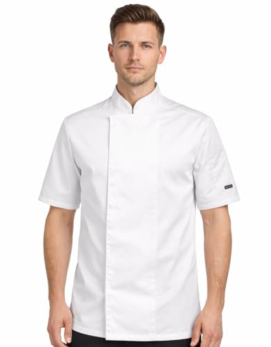 PALLTEX Nori SS Giacca Cuoco Uomo e Donna Unisex con i Bottoni Automatici Giacca da Cuoco Ristorante Divisa da Cuoco a Maniche Corte, Bianco, M