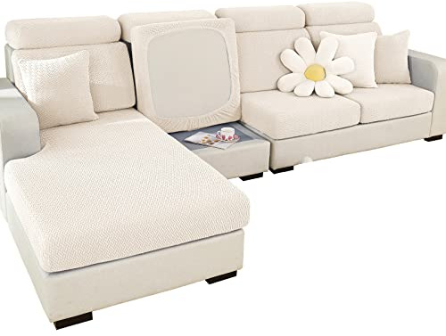 Super Stretch Sofa Cover L Shape Couch Covers Sectional, WearResistant Spandex Sofa Slipcovers Non Slip Sofa Covers with Elastic Bottom, Great for Kids & Pets (Weave White, Chaise Cover)