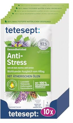 tetesept havssalt anti-stress bad – hälsobad för lugnande kompensation med eteriska oljor – lugnande badtillsats med naturligt havssalt – 10 x 80 g