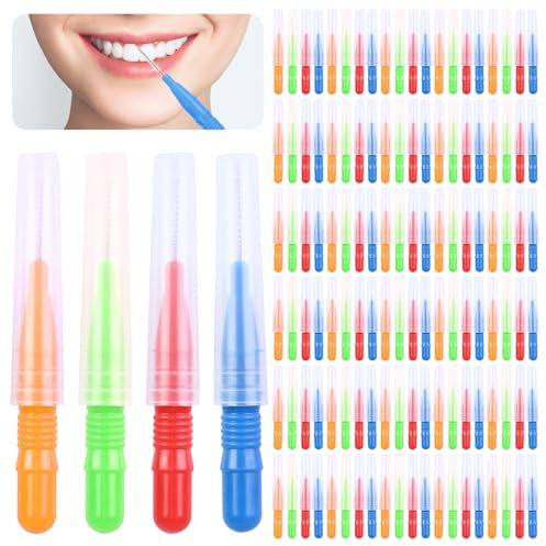 100 Stück Interdentalbürsten, 4 Farbenset Zahnzwischenraumbürsten, Dentalbürsten Zwischenraum, Zwischenraum Zahnbürste, Interdentalbürste, Zahnreinigung Werkzeug(Rot, Blau, Grün, Orange)