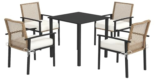 Outsunny Rattan Sitzgruppe, 5-TLG. Gartenmöbel Set, Balkonset für 4 Personen, Balkonmöbel mit 1 Tisch, 4 Stühlen, Gartengarnitur inklusive Kissen, für Garten, Terrasse, Natur