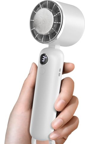 Dnenellr Mini Handheld Fan 2025, 5000mAh Rechargeable Battery, 3-Speed Turbo Cooling, LED Display, USB Personal Fan for Travel, Office, Home & Outdoor Use, White