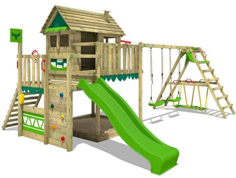 FATMOOSE Spielturm Klettergerüst MightyMansion Move XXL mit SurfSwing, Schaukel & apfelgrüner Rutsche, Outdoor Kinder Kletterturm mit Sandkasten Leiter & Spiel-Zubehör für den Garten