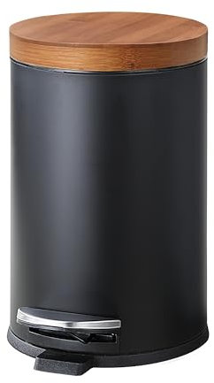 SunnyPoint Elite Bamboo Lid 4.5 Liter / 1.2 Gallon Round Trash Can with Plastic Inner Bucket; Bathroom, Office, Kitchen and Bedroom Step On and Slow Close (Black)