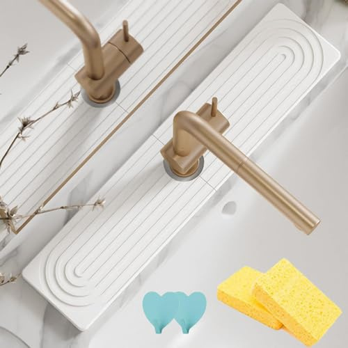 Vassoio per lavello in pietra ad asciugatura istantanea, ad asciugatura rapida, paraspruzzi per cucina, tappetino assorbente per rubinetto del bancone del bagno (bianco, 60 x 10 cm)