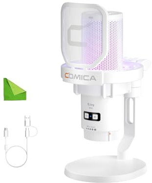 comica Microfono USB per Computer e Smartphone, Microfono da Gioco a condensatore cardioide RGB per podcasting, Streaming, Registrazione, con Supporto da Tavolo-Bianco (Uni D)