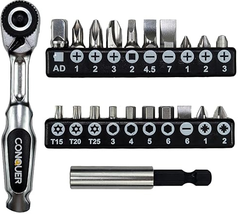 CONQUER 22pc 1/4 Ultra Low Profile Mini Ratchet Close Quarter Mini Screwdriver Set with High Torque - Right Angle EDC Tool with 72-Tooth Gear head and Spin Disk for Tight Spaces