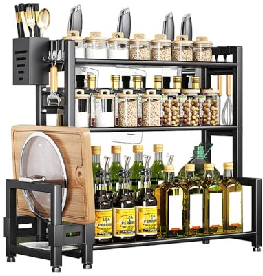 KYYGKY 3 Etagen Küchenregal Arbeitsplatte Gewürzregal Stehend Schwarz mit 6 Haken Küchen Gewürzregal Gewürz Organizer Regal stehende Gewürzhalter Organizer Regal Küche Arbeitsplatte für Küchen