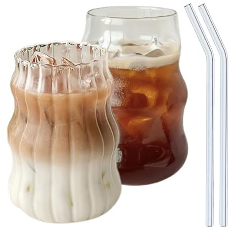 Iced Coffee and Matcha Glasses, Bubble Drinking Glasses Tumblers Glass Cups Cute Wave Ripple Shaped Vintage Ribbed Glassware, Water, Soda, Juice, Beer, Coffee
