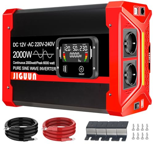 JIGUUN 2000W Convertisseur 12V 220V Pur Sinus Onduleur transformateur avec 2 Prises EU & 3 Ports USB+Tycp-C,Télécommande détachable et écran LCD Puissance de crête 6000W