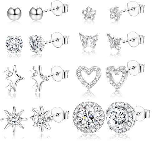 KRFY 8Stück Ohrringe Silber Set 18 K Weißgold Hypoallergene Chirurgenstahl Ohrringe Damen Brillant Simulierte Ohrstecker Silber Wasserfest Tragus Piercing Ohr Set