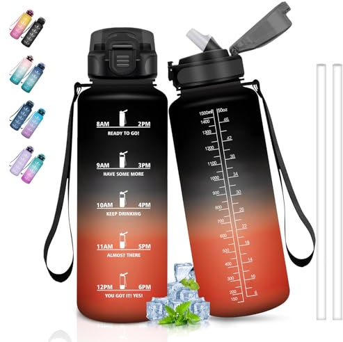 Wasserflasche mit Strohhalm, 1,5 l, motivierend, Zeitmarkierung, groß, Sportflasche für Fitnessstudio, Camping, Wandern, Outdoor